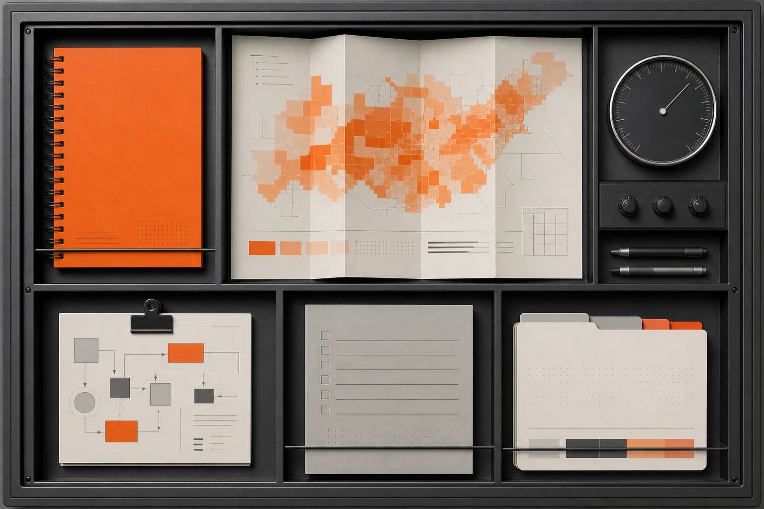 Ein Schrank mit Instrumenten zur Karriereplanung, Karten, Diagrammen und einem orangefarbenen Notizbuch